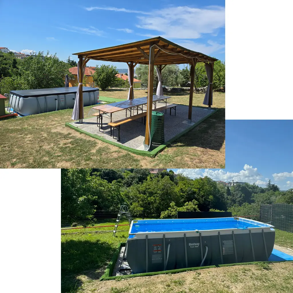 foto-terreni-gp-party La vista sui terreni di GP Party con un gazebo in legno sopra e una piscina sotto